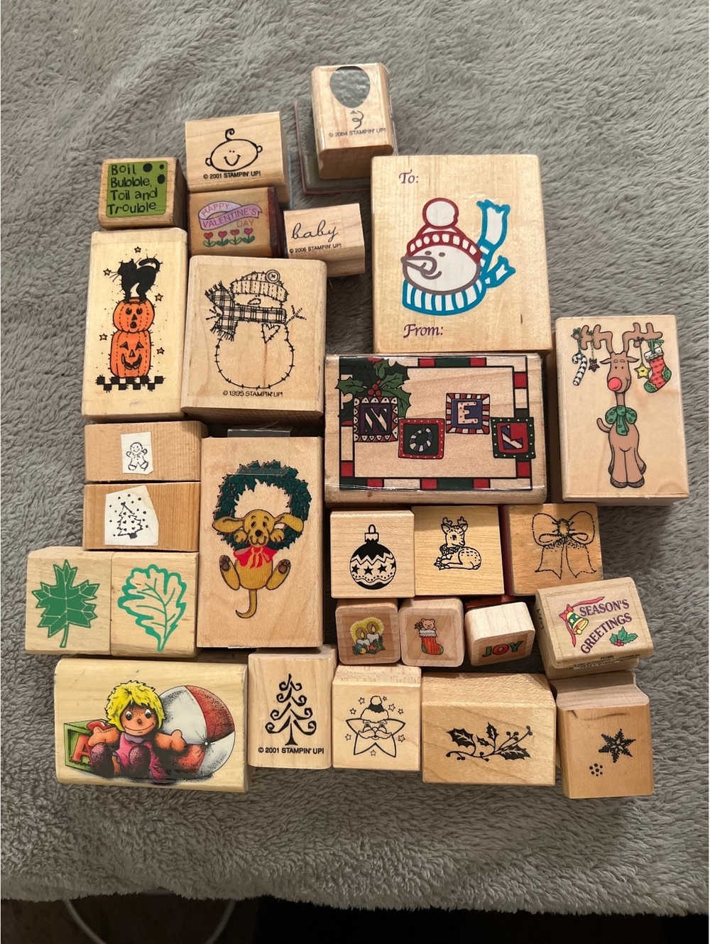 Vintage Wooden Rubber Stamp Collection with Holiday and Seasonal Designs